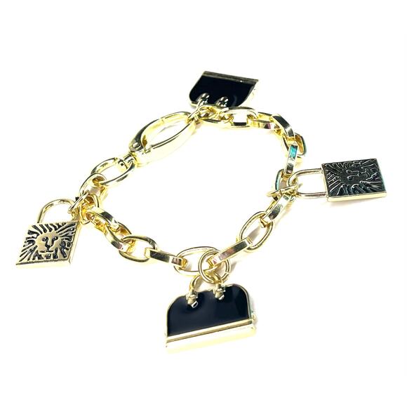 VTG Anne Klein CHARM BRACELET Black Enameled Handbag & Lion Logo Locket Bar Link - Picture 5 of 6